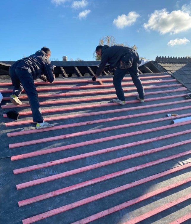 Treated battens being fixed over breathable roofing membrane during a re-roof in Sandhurst